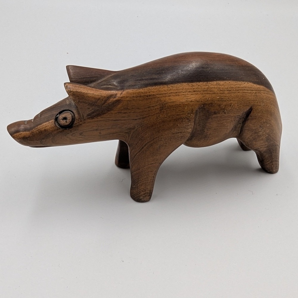 Wooden Pig Figurine Brown Hand Carved Folk Art Animal 5.5 Inch
